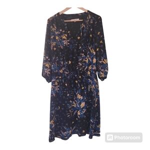 LOFT Black w Blue & Yellow Floral Lined  3/4 Sleeve Dress Keyhole w Tie  LARGE